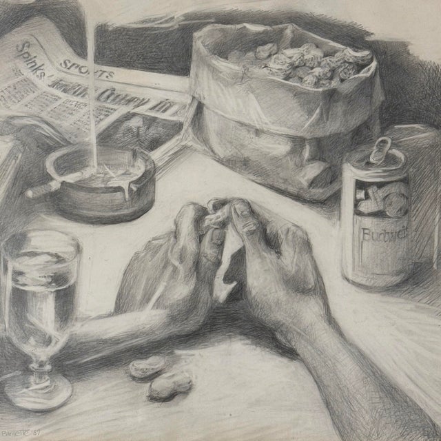 Realism Vintage Realist Artist Pov Still Life With Beer, Cigarette, and Peanuts, Signed (1987, Graphite on Paper) For Sale - Image 3 of 8