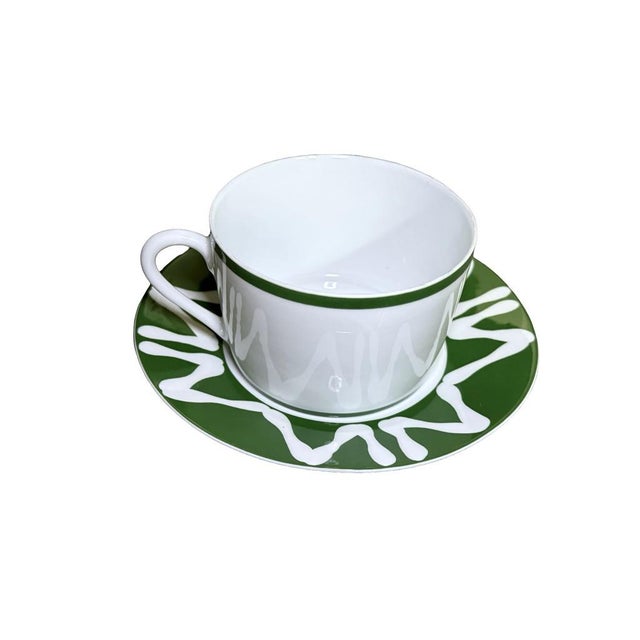 1990s Bill Goldsmith Site Carot New Florida Green Limoges Cup & Saucer Set of 5 - 10 pcs For Sale - Image 4 of 14