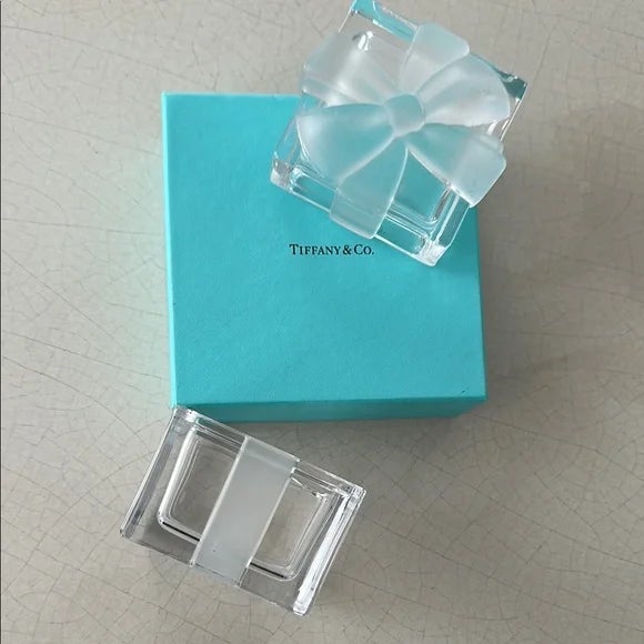 Discontinued Tiffany glass bow trinket box Clear glass box with frosted glass bow The box is often referred to as an...