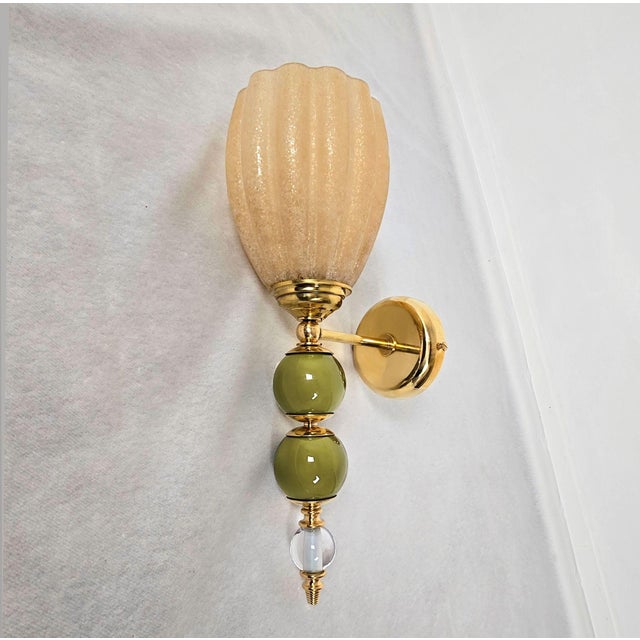 Metal 1990s Olive Green and Amber Murano Glass Sconces - a Pair For Sale - Image 7 of 13