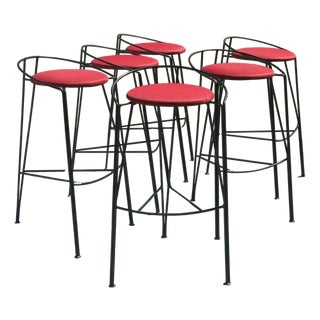 Vintage Vecta Postmodern Black Metal & Red Upholstered Bar Stools – Set of 6 For Sale