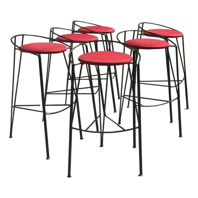Vintage Vecta Postmodern Black Metal & Red Upholstered Bar Stools – Set of 6 For Sale
