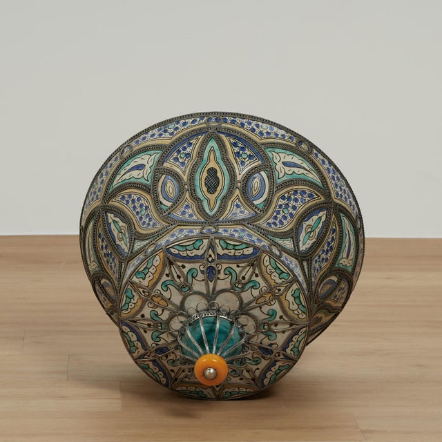 Blue Pair of Vintage Moroccan Terra Cotta and Metal Lidded Urns For Sale - Image 8 of 16