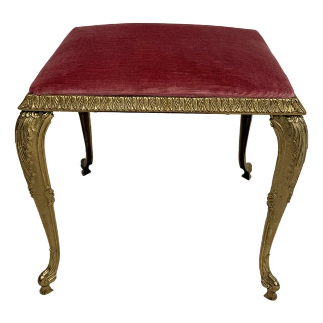 Louis XVI Rocco Style Brass Cabriole Leg Pink Upholstered Vanity Bench Stool For Sale
