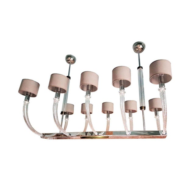 Large elongated mid century modern Murano glass and chrome chandelier, with 10 lights. Attributed to Seguso, Italy late...