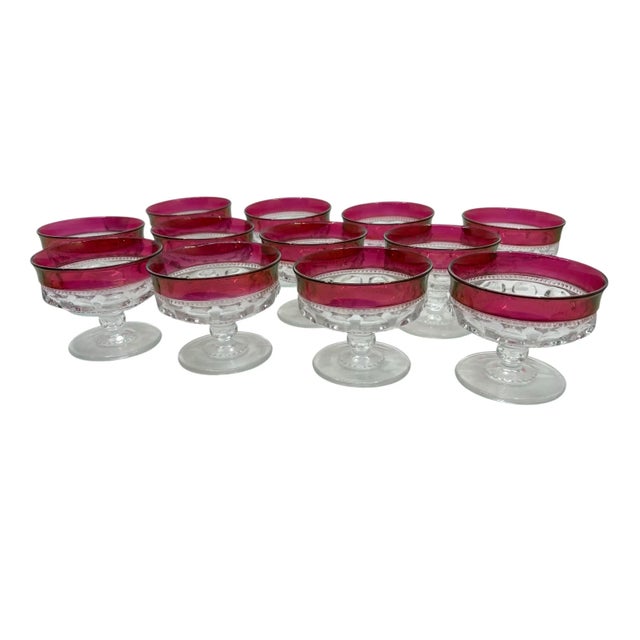 Vintage Indiana Glass Kings Crown cranberry champagne sherbet glasses. A beautiful set of 12 to set your table with! Clear...
