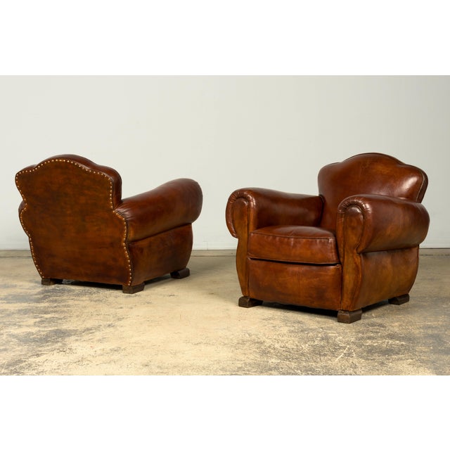 1940s 1940s French Art Deco Cognac Leather Club Chairs, Pair For Sale - Image 5 of 7