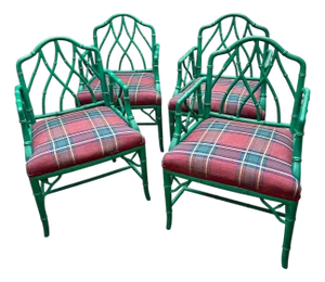 Set of 4 Chinese Chippendale Style Green Painted Faux Bamboo Arm Chairs, 20th Century