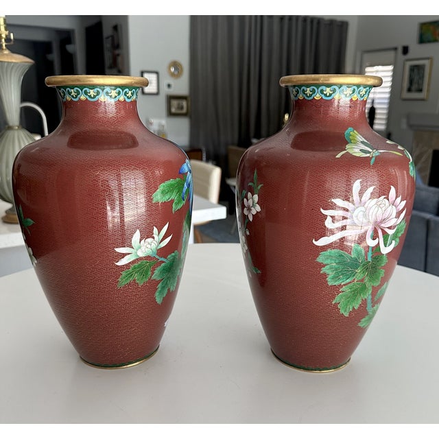 Pair Chinese Cloisonné Floral Vases For Sale - Image 4 of 12