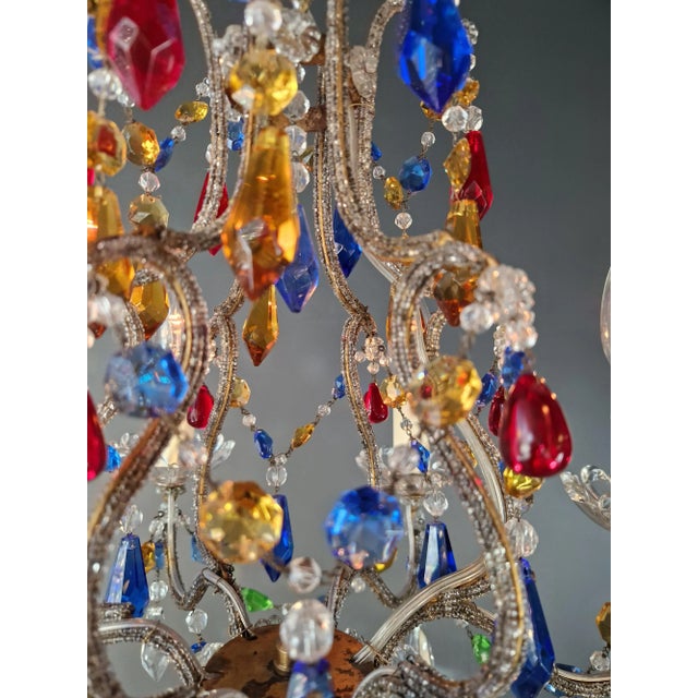 Brass 1950s Florentine Gilded Iron Chandelier With Colored Crystals For Sale - Image 8 of 11