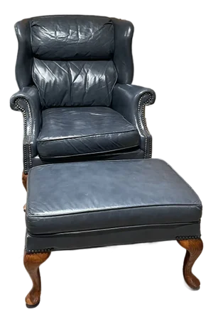 Late 20th Century Sam Moore Chippendale Style Blue Leather Library Club Wingback Arm Chair & Ottoman