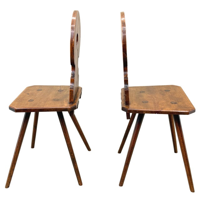 Swiss Folk Art Fruitwood Escabelle Hall Chairs, 1840, Set of 2 For Sale - Image 3 of 10