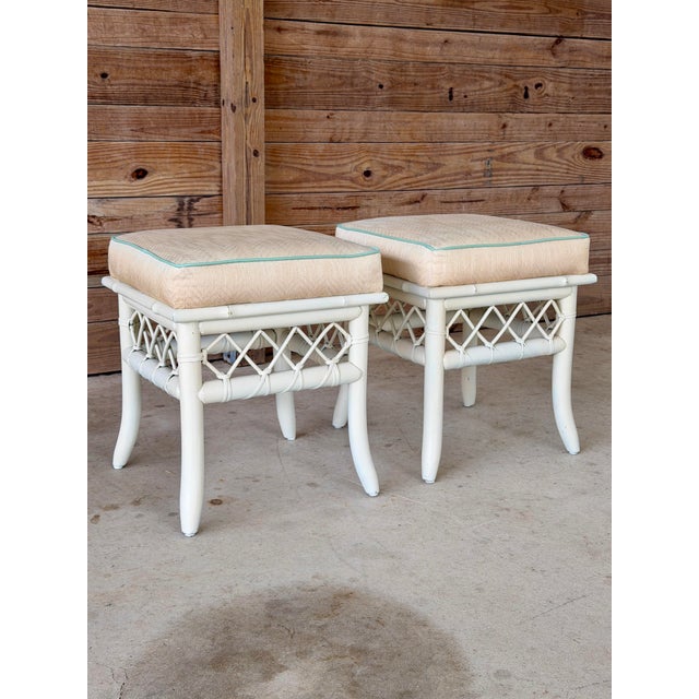 Vintage Coastal Rattan Ottomans or Footstools With Lattice Detail – Pair For Sale - Image 12 of 12