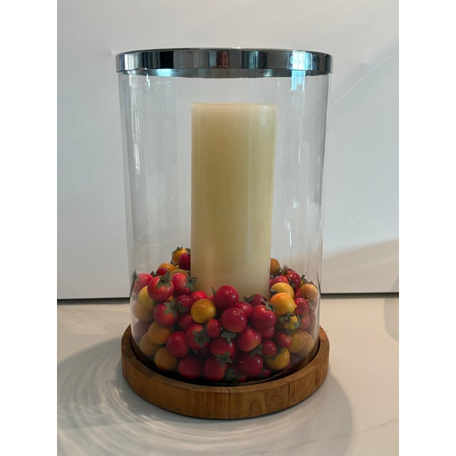 2010s Gorgeous Retired Arteriors Home Milena Glass Hurricane With Wood Base & Polished Stainless Accents For Sale - Image 5 of 10