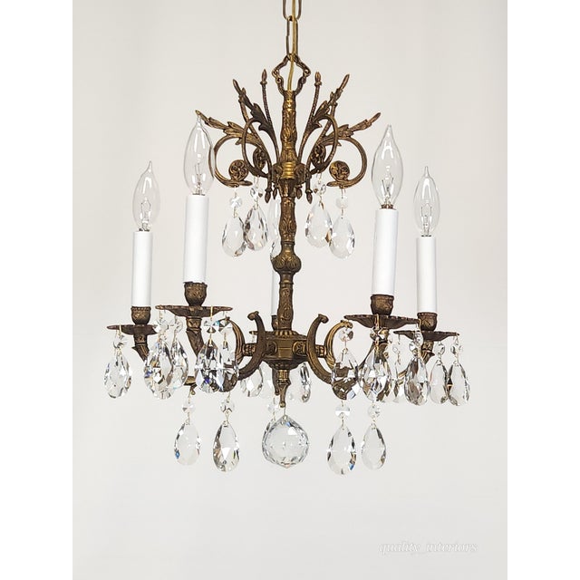 Antique 5 Light Adorable Dainty Petite Brass Cut Lead Glass Crystal Chandelier For Sale - Image 10 of 12