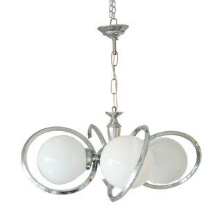 Vintage Chrome Opaline Glass Globe Chandelier, 1970s For Sale
