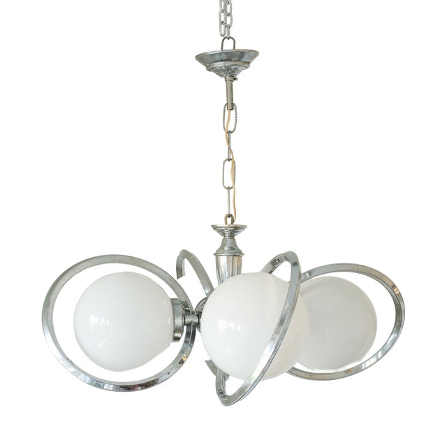 Vintage Chrome Opaline Glass Globe Chandelier, 1970s For Sale