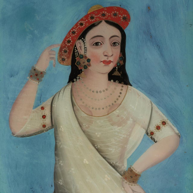 Late 18th Century Antique Indian Reverse Painted Portrait of Woman on Glass For Sale - Image 5 of 12