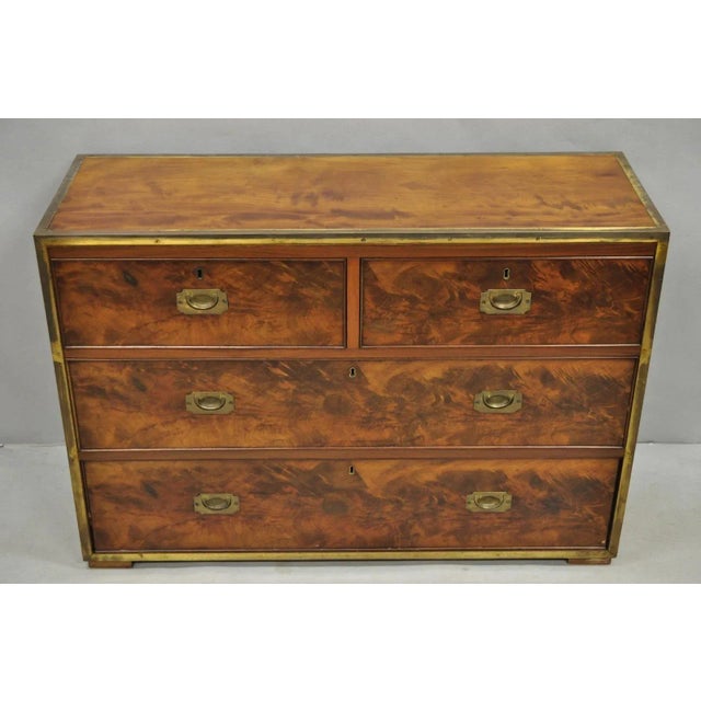 Antique English 4 Drawer Brass Banded Burr Walnut Campaign Chest Dresser. Item features stunning wood grain throughout,...