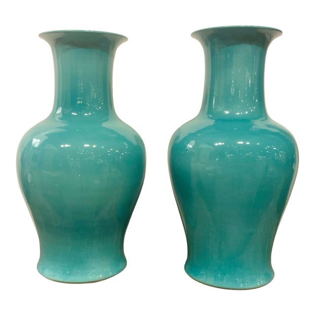 Modern Peacock Green Glaze Fishtail Vases - a Pair For Sale