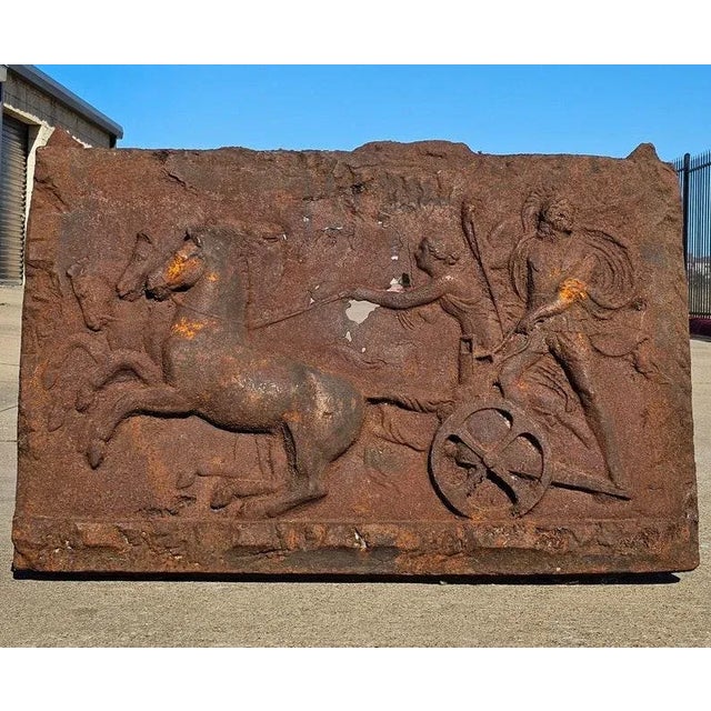 Rustic European Large Antique Cast Iron Fireplace Fireback Architectural Relief Panel For Sale - Image 3 of 10