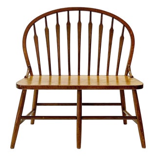 Mid Century Solid Oak Bowback Windsor Armless Bench Settee For Sale