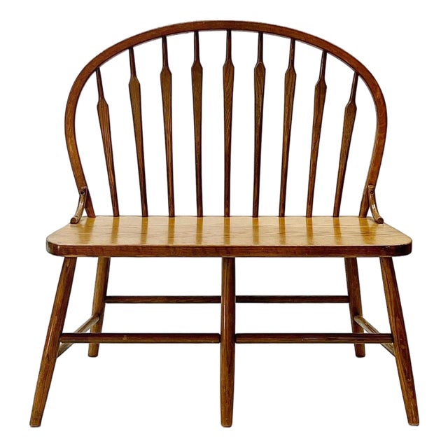 Mid Century Solid Oak Bowback Windsor Armless Bench Settee For Sale