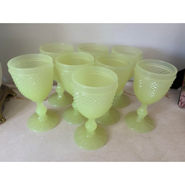 Vintage neon yellow uranium glass hobnail goblets or wine glasses. These stunning set of 6 glasses really make a dramatic...