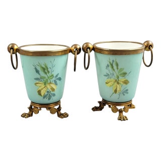 Turquoise Porcelain and Bronze Cache-Pots, Paris, France, 1835-1850, Set of 2 For Sale
