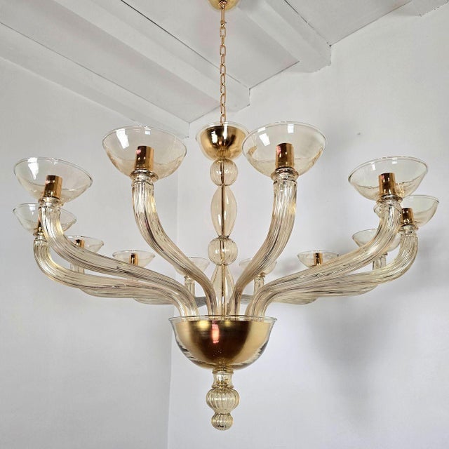 Mid-Century Modern 1980s Seguso Style Beige Murano Glass Chandelier For Sale - Image 3 of 12