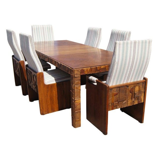 1970s Vintage Lane Brutalist Style Walnut Dining Set 7 Pieces