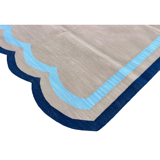 Beige Handmade Cotton Vegetable Dyed Scalloped Rug Muddy Beige, Sky and Navy Blue Border - 9'x12' For Sale - Image 8 of 11