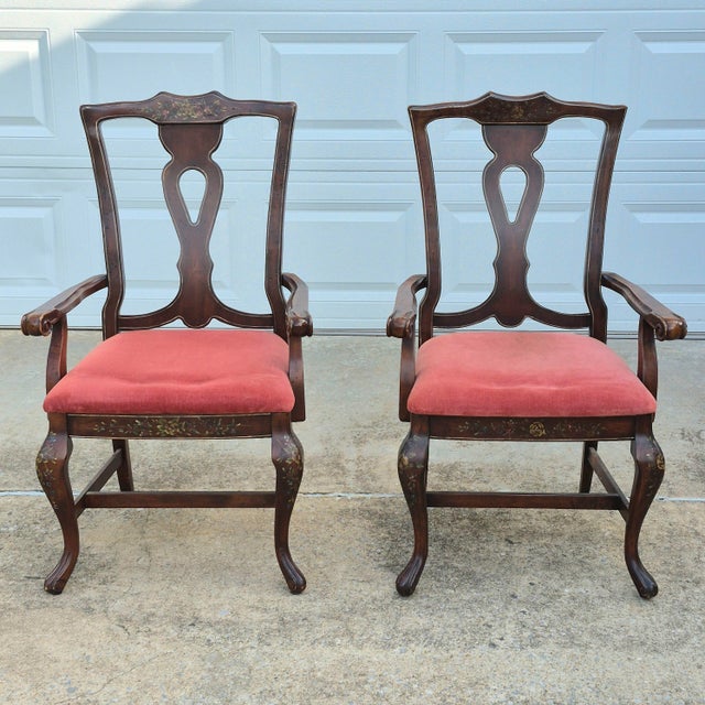 This is a beautiful pair of paint decorated walnut arm chairs by American furniture maker Lane. Pretty polychrome floral...