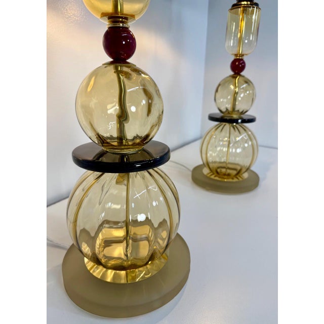 Italian Amber, Burgundy and Black Murano Glass Table Lamps, 2000s, Set of 2 For Sale - Image 9 of 14