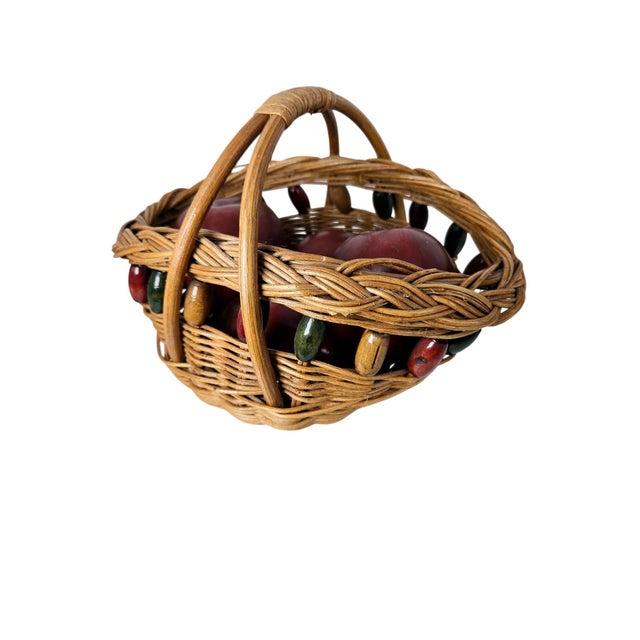 Ruby Red Vintage Woven Basket Wood Beads Ceramic Lifesize Apples For Sale - Image 8 of 12