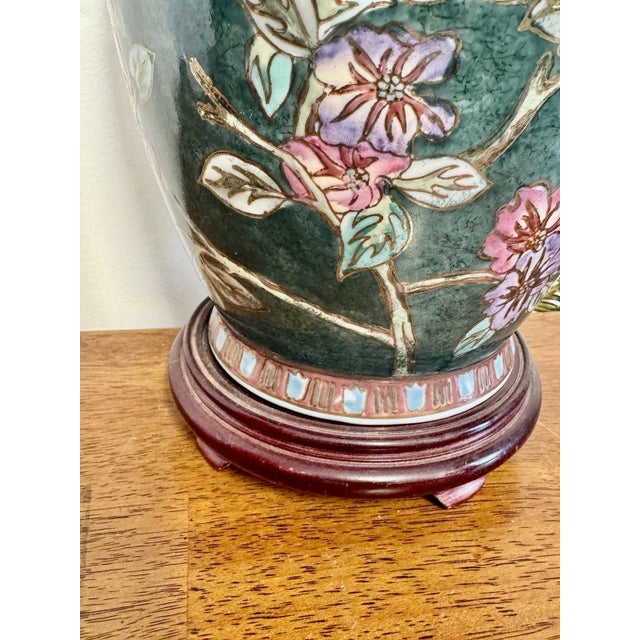 Vintage Asian Floral Cloisonne Style Ceramic Ginger Jar Table Lamp Hand Painted For Sale - Image 12 of 15