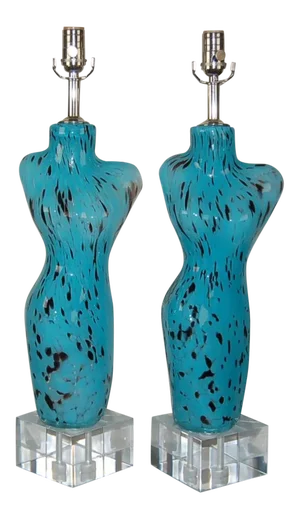 Tall Murano Glass Female Nude Lamps Blue