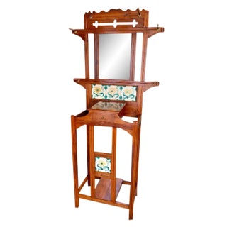 Vintage Halltree - Freestanding Solid Wood Hall Tree With Mirror and Brass Hardware For Sale