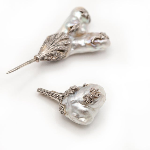 Metal 1930s Platinum GIa Certified Natural Pearl Diamond Jabot Pin For Sale - Image 7 of 8