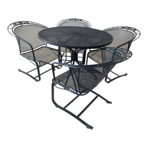 Woodard Briarwood Collection Wrought Iron Four Barrel Cantilever/Rocker Chairs and Table Set.