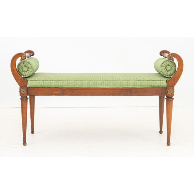 French Empire Style Mahogany Curved Window Seat, with rolled arms, green upholstered seat with two cylindrical pillows on...