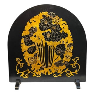 1980’s Art Deco Revival Asian Black and Gold Lacquer Room Divider Fire Screen For Sale