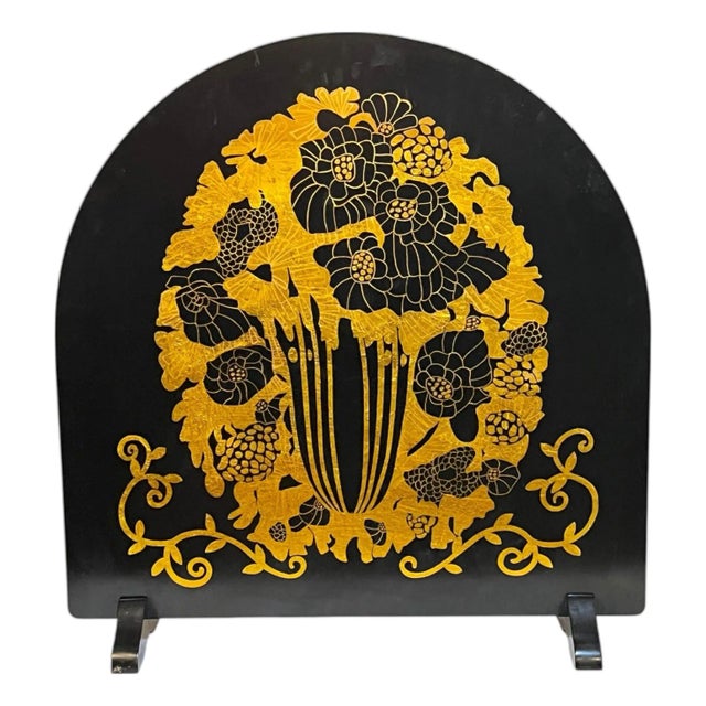 1980’s Art Deco Revival Asian Black and Gold Lacquer Room Divider Fire Screen For Sale