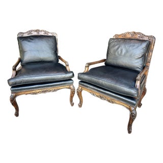 1990s Bergere Chair Pair in Luscious Black Leather For Sale