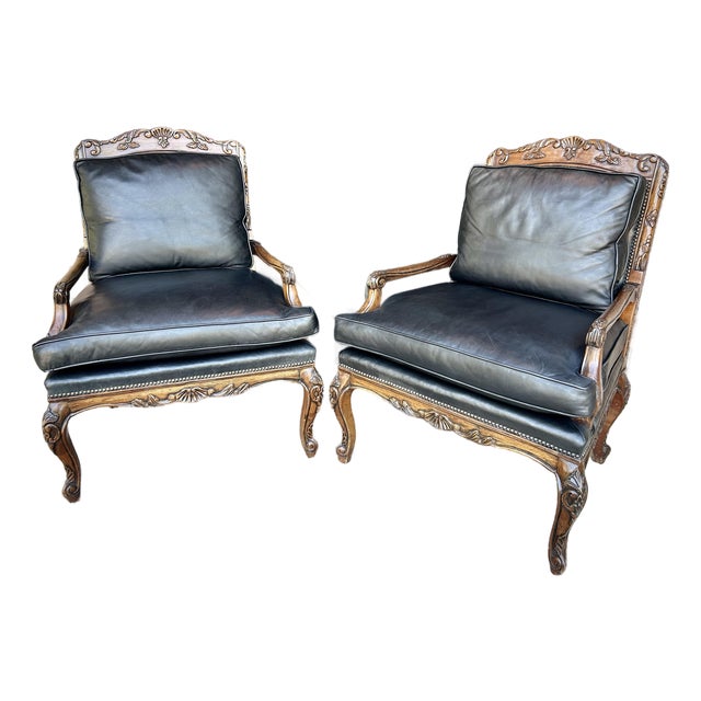 1990s Bergere Chair Pair in Luscious Black Leather For Sale
