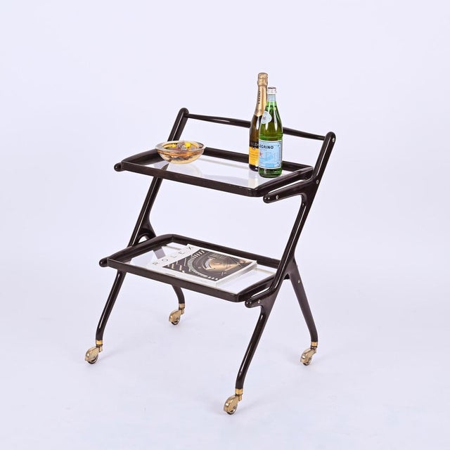 Mid-Century Italian Trolley Bar Cart in Wood and Glass attributed to Cesare Lacca, 1950s For Sale - Image 12 of 16