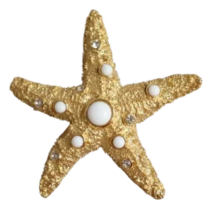 Vintage Trifari Gold Tone Starfish Brooch With Cabochons & Rhinestones