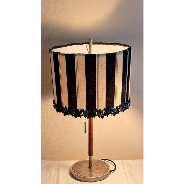 1960s Mid-Century German Table Lamp with Metal Base, Teak Rod and Fabric Shade, 1960s For Sale - Image 5 of 12