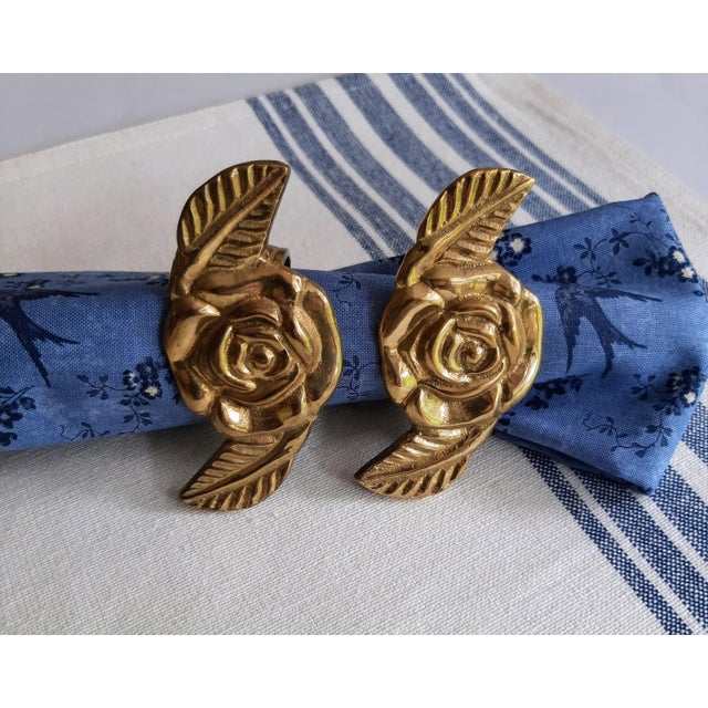 Boho Chic Brass Rose Napkin Rings Set 8 For Sale - Image 3 of 9