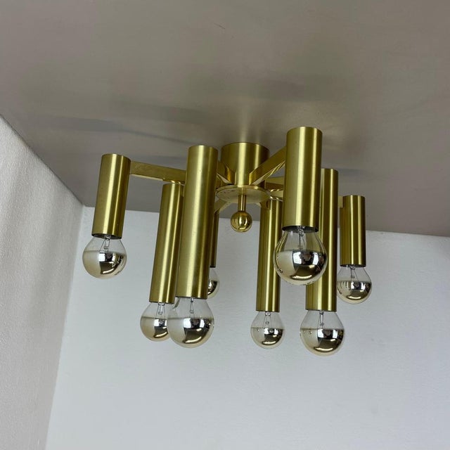 Large Tube Brass 8 Bulb Flush Mount, 1960s For Sale - Image 4 of 18